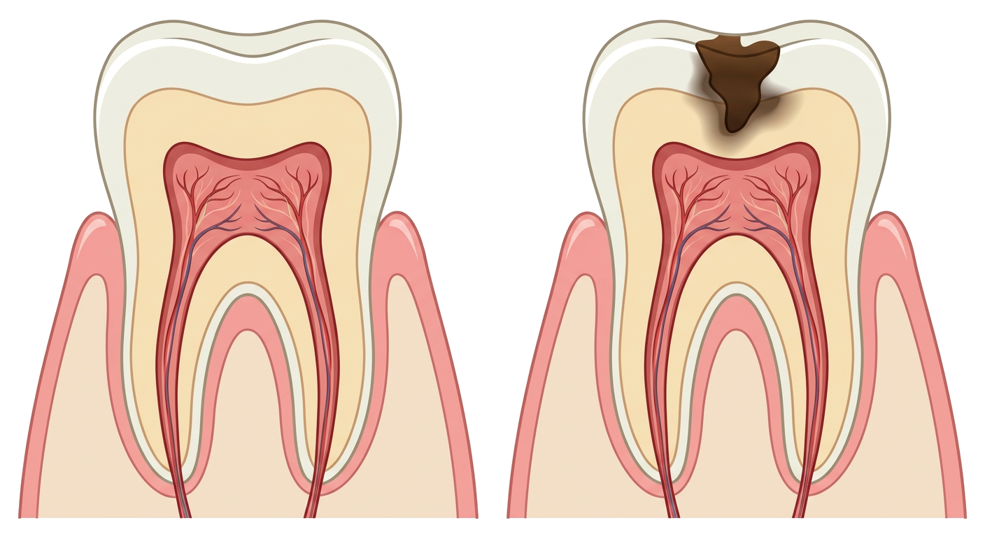 Healthy tooth versus tooth with cavity