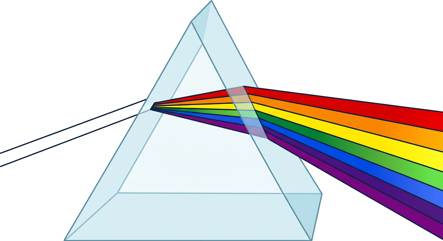 Light passing through a prism, splitting into a spectrum of colors