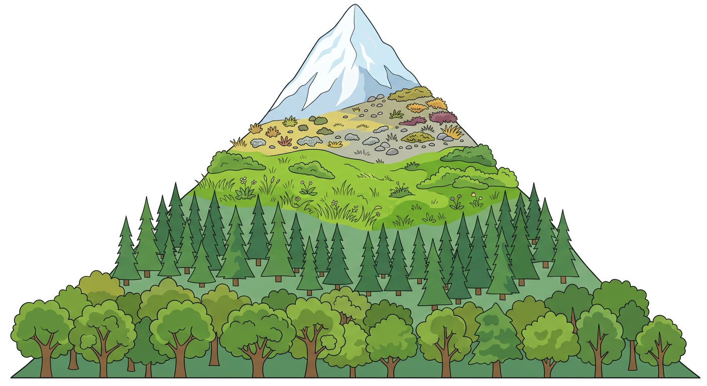 A tall mountain with different elevation zones.