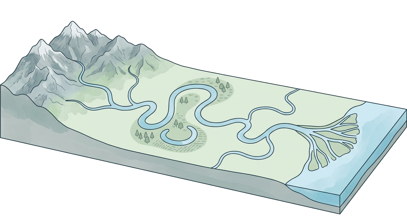 Illustration of a river with various features