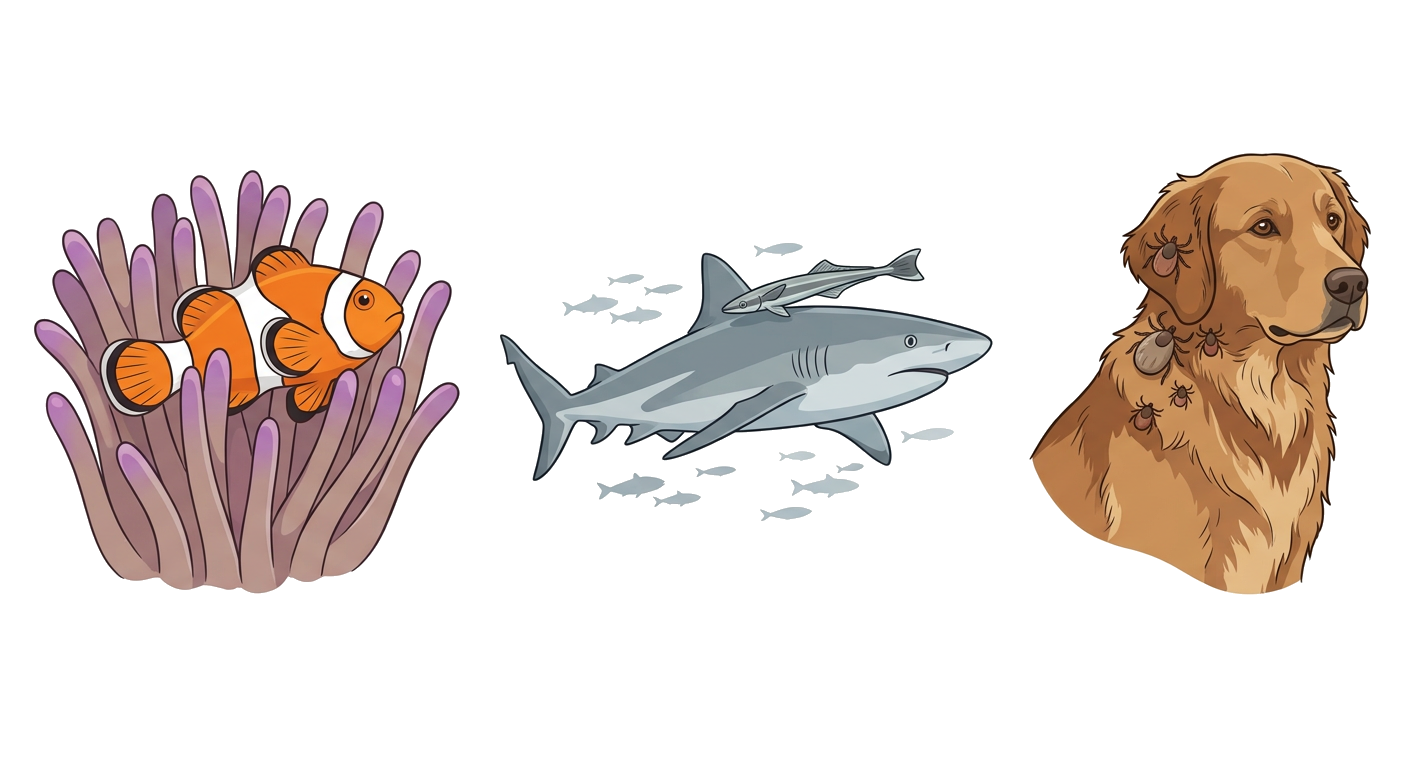 Diagram illustrating examples of symbiotic relationships: clownfish and anemone, barnacle on whale, tick on dog