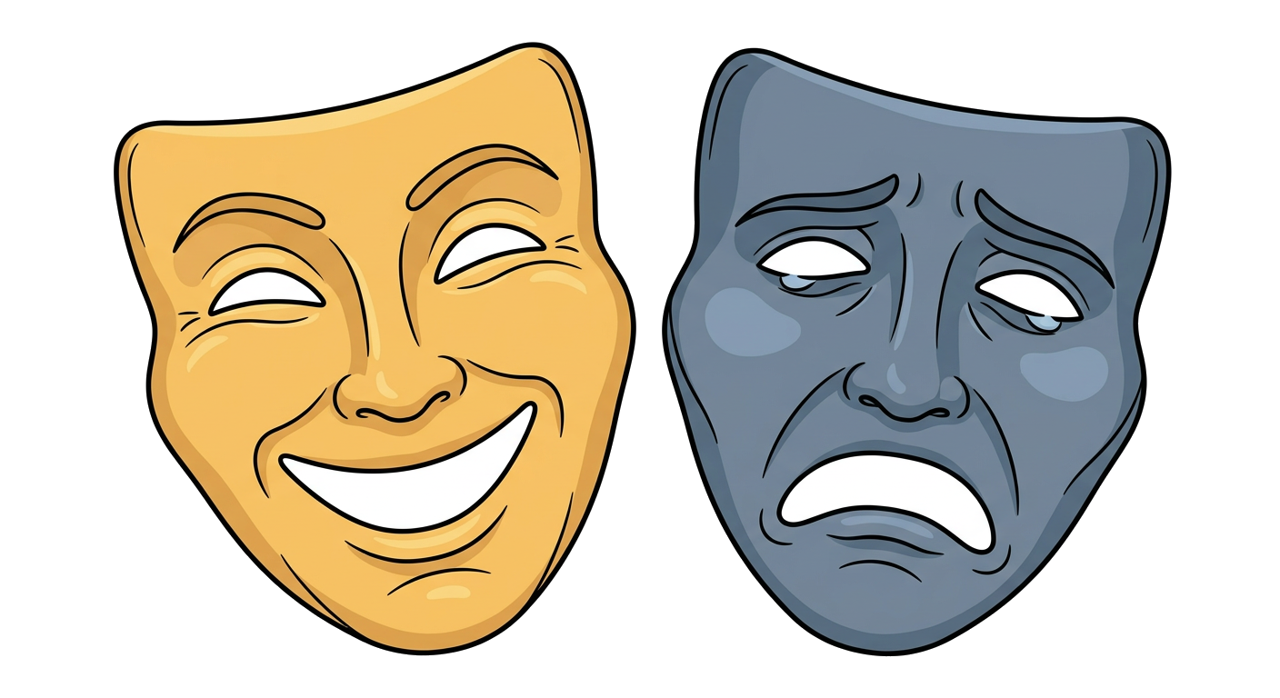 Two theater masks, one smiling (comedy) and one frowning (tragedy).
