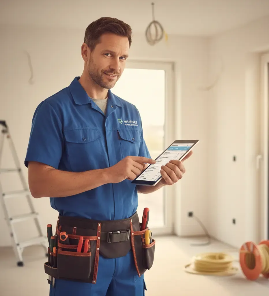 Elektriker erstellt detaillierte Materialrechnung auf Tablet - Rechnungsprogramm für Elektrohandwerk