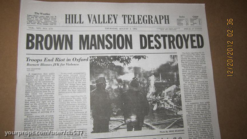 "Brown Mansion Destroyed" Hill Valley Telegraph Newspaper – Back to the Future (1985) – image 1