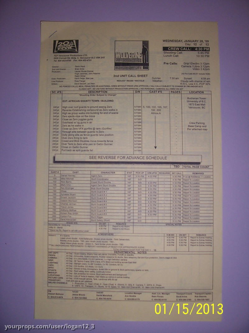 Original Wolverine Movie Crew Call Sheet – X-Men Origins: Wolverine (2009) – image 1