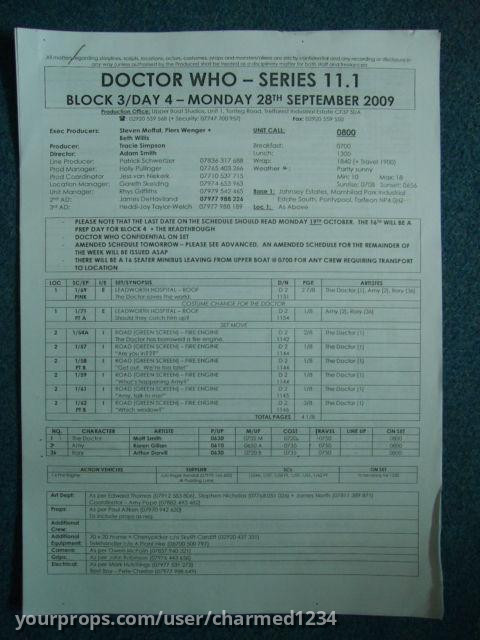 Call Sheet Series 11.1 Block 3/Day 4 – Doctor Who (2005) – image 1