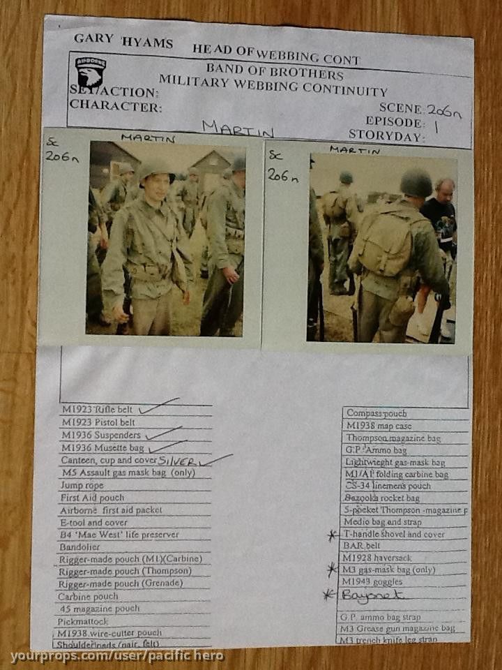 John W Martin (Dexter Fletcher) Original Ep 1 Continuity Sheet with Polaroids – Band of Brothers (2001) – image 1