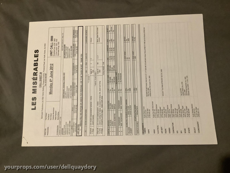 Original Call Sheet – Les Misérables (2012) – image 1