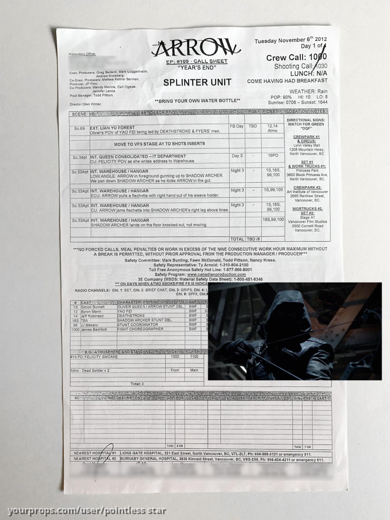 Call Sheet (1x09) – Arrow (2012) – image 1