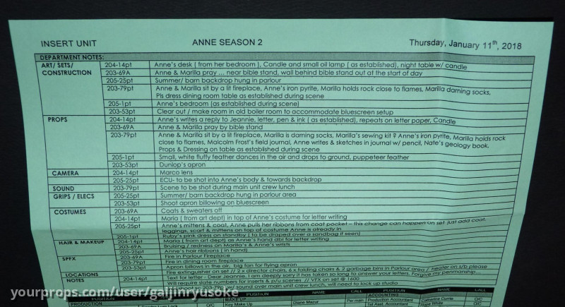Season 2 Callsheet – Anne with an E (2017) – image 3