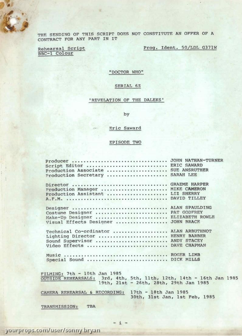 Revelation of the Daleks Episodes 1-2 Rehearsal Scripts – Doctor Who (1963) – image 2