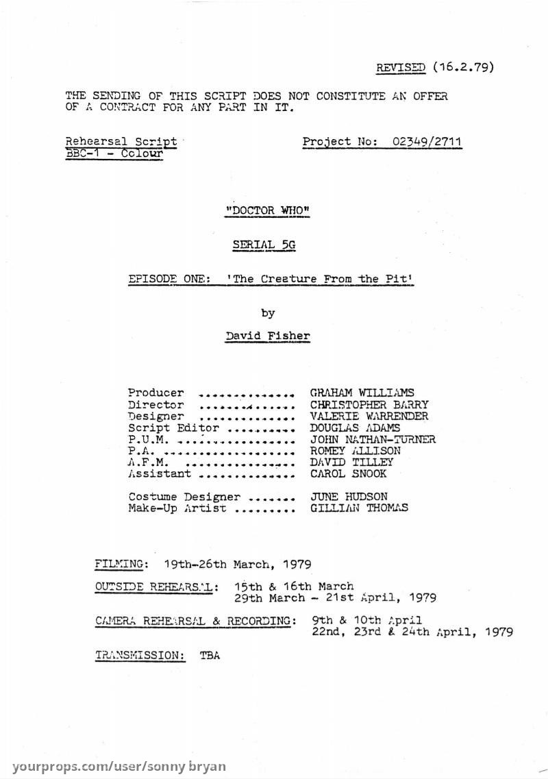 The Creature From the Pit Episodes 1, 3-4 Rehearsal Scripts – Doctor Who (1963) – image 1