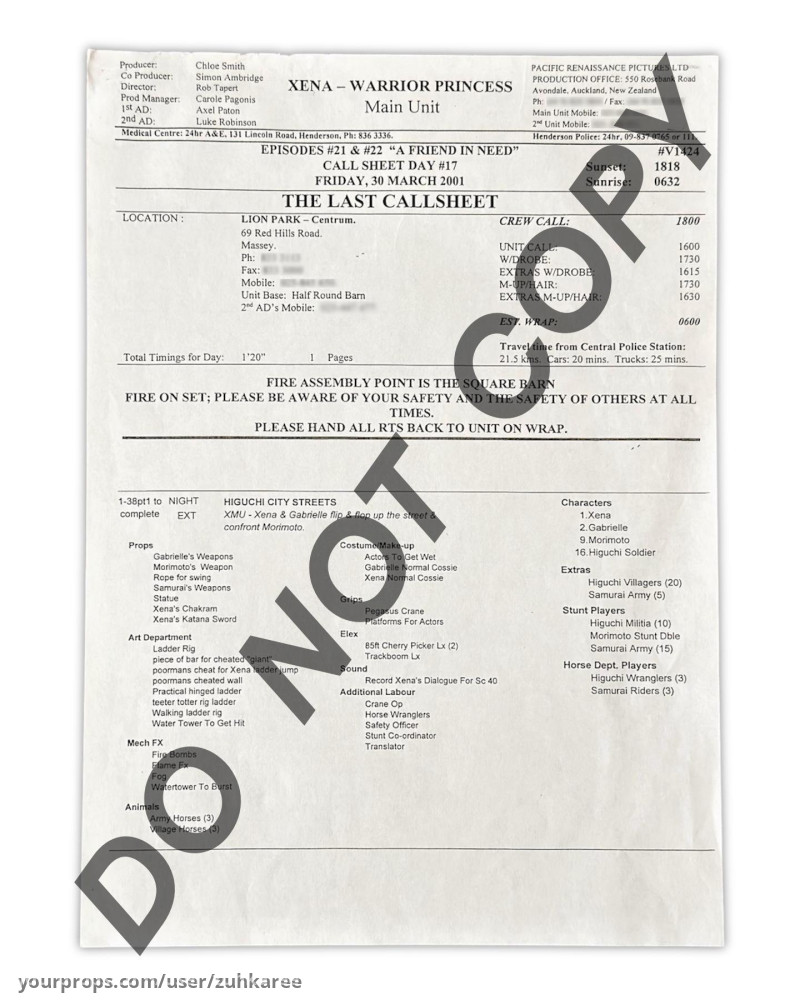 “A Friend in Need” main unit call sheet – Xena: Warrior Princess (1995) – image 1
