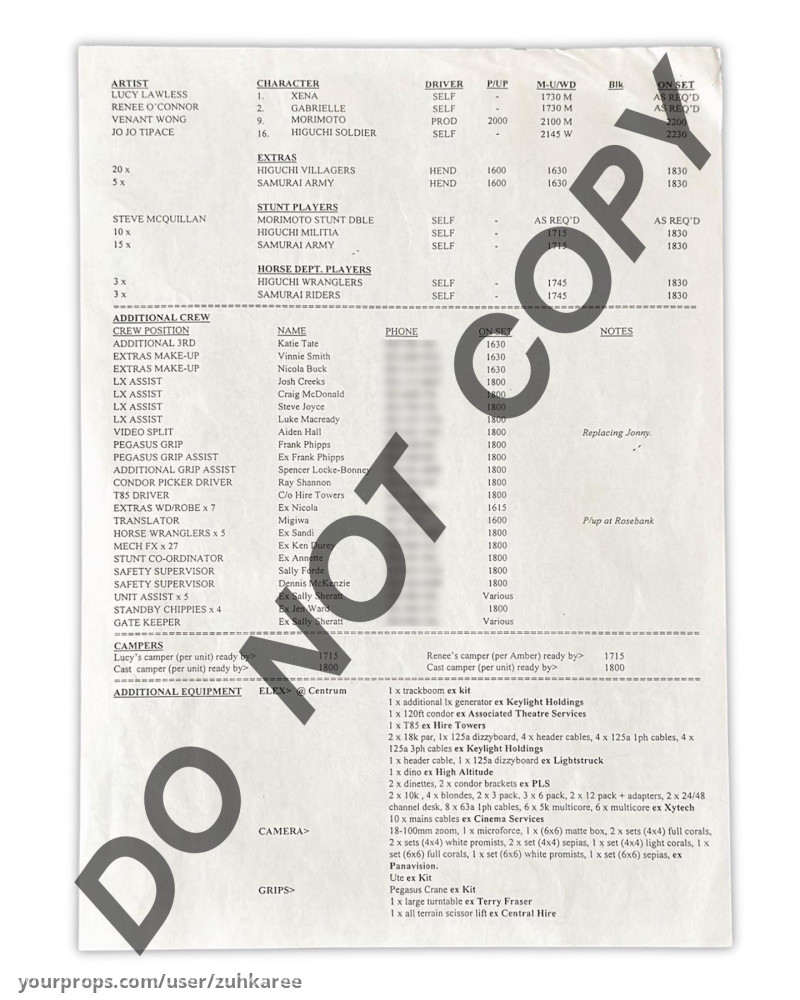 “A Friend in Need” main unit call sheet – Xena: Warrior Princess (1995) – image 2