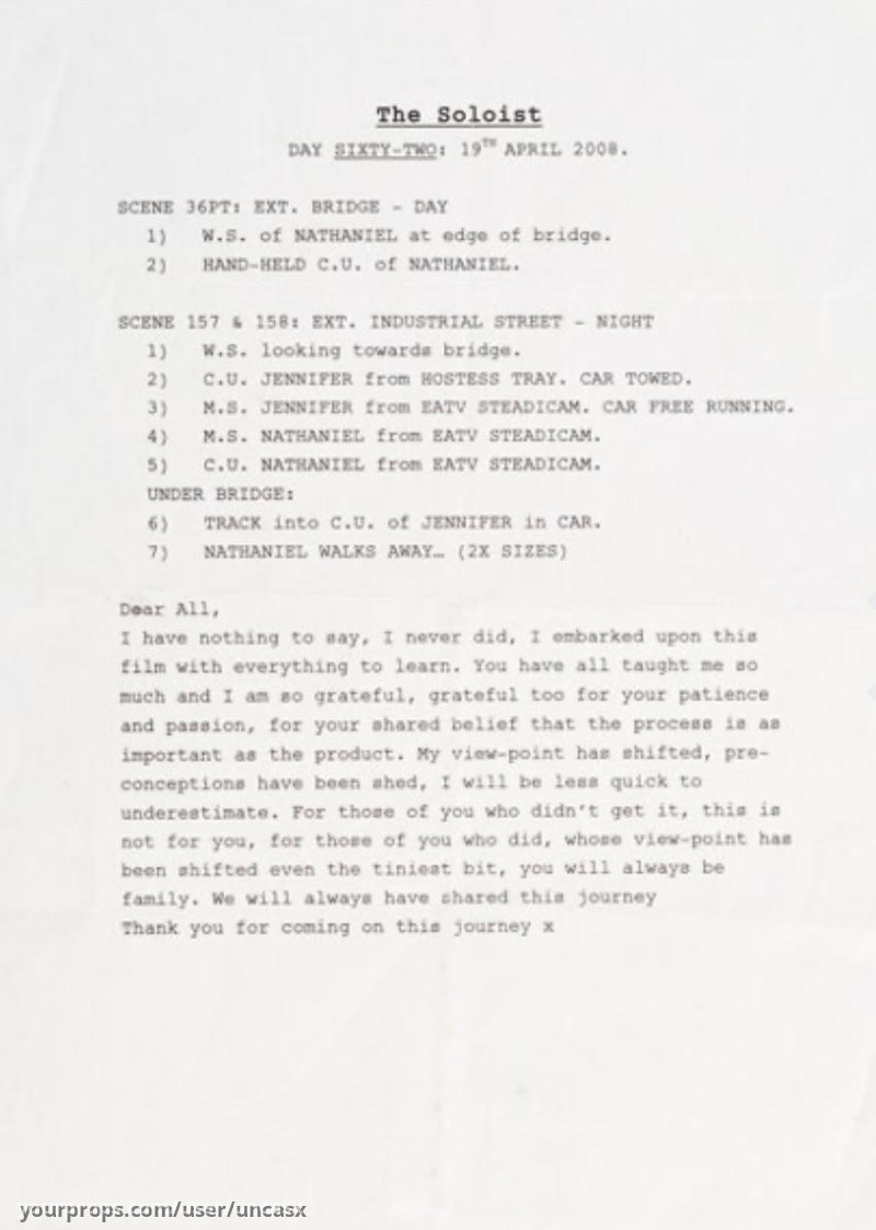 Call Sheet -Day Sixty Two – The Soloist (2009) – image 1