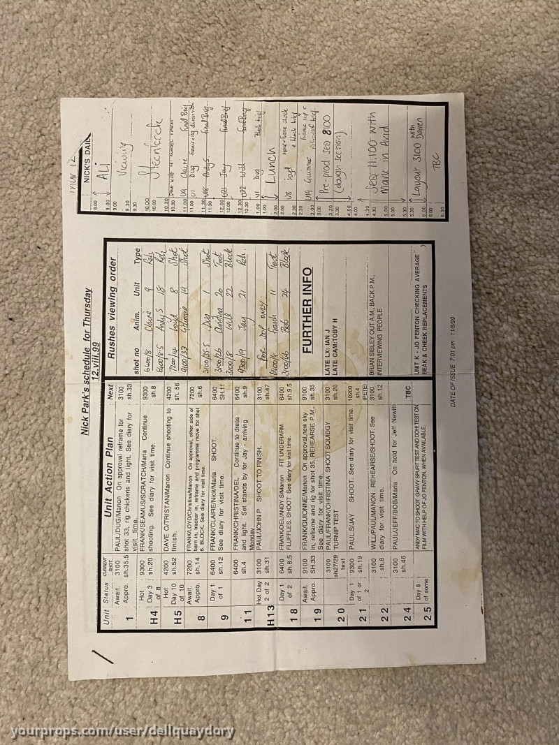 Original Directors Schedule – Chicken Run (2000) – image 1