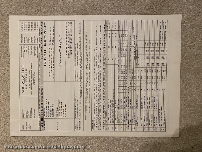 Original call sheet – Snow White and the Huntsman (2012) – image 1