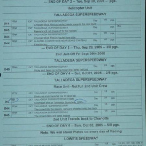 2nd unit draft schedule – Talladega Nights: The Ballad of Ricky Bobby (2006)
