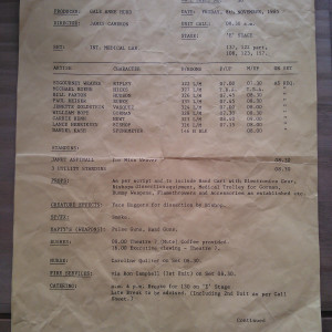 call sheet no.30 – Aliens (1986)