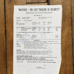 Original Production Used Call Sheet – MacGyver: Lost Treasure of Atlantis (1994)