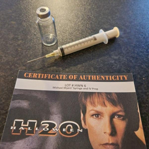 Michael Myers Halloween H20 Original Production Used Syringe and IV Bottle Prop – Halloween H20: 20 Years Later (1998)