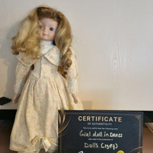 Dolls 1987 Original Production Used Creepy Little Girl Doll in Dress Movie Prop – Dolls (1987)