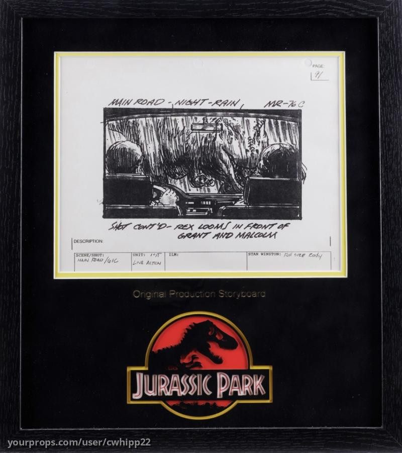 Original pro Storyboard Trex in Front of Grant and Malcolm – Jurassic Park (1993) – image 1